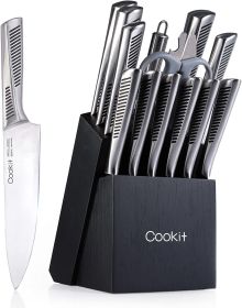 knKitchen Knife Set, Cookit 15 Pieces Knife Set with Block Manual Sharpener, Stainless Steel Hollow Handle Chef Bread Steak Knife Scissors