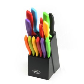 Oster 14 Piece Stainless Steel Assorted Color Cutlery Knife Set with Wood Storage Block